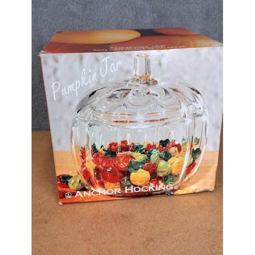 Vintage Anchor Hocking‎ Glass Pumpkin Jar with Lid 70oz Clear Harvest Candy Dish